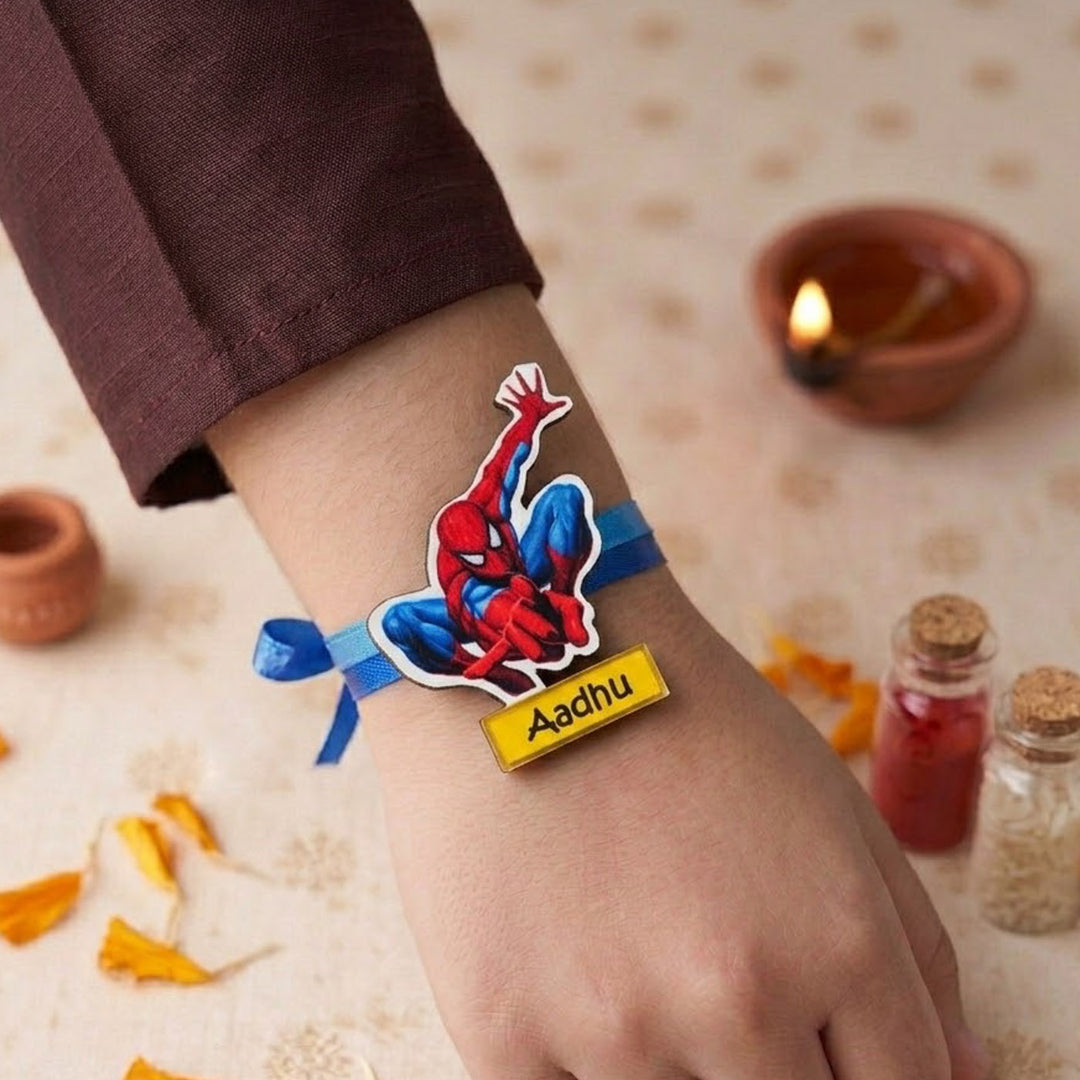 Personalized Reusable X-Large Spiderman Name MDF Wood Rakhi With Roli Chawal