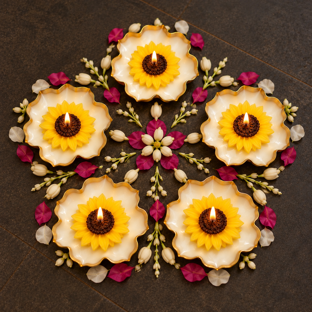 5 Pc | Handmade Lotus Shaped Urli With Sunflower Wax Scented Candle
