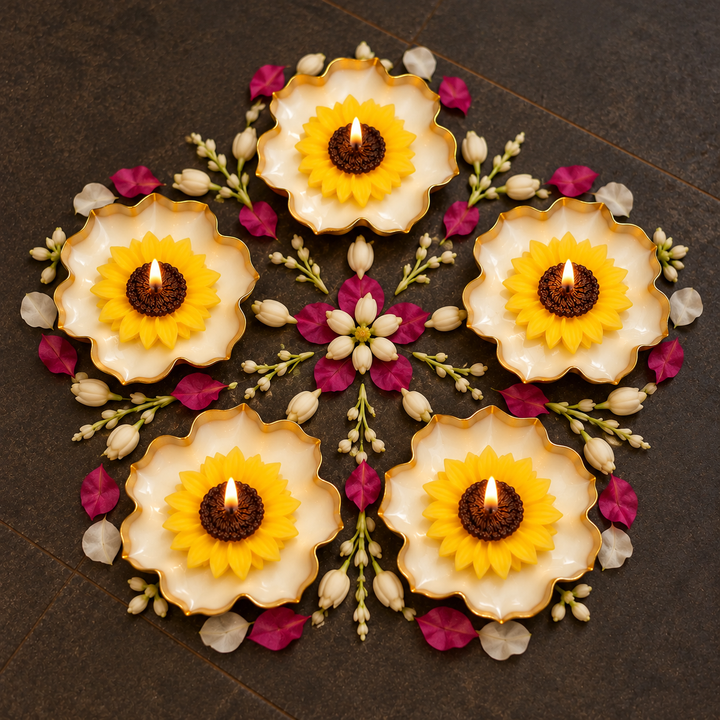 5 Pc | Handmade Lotus Shaped Urli With Sunflower Wax Scented Candle