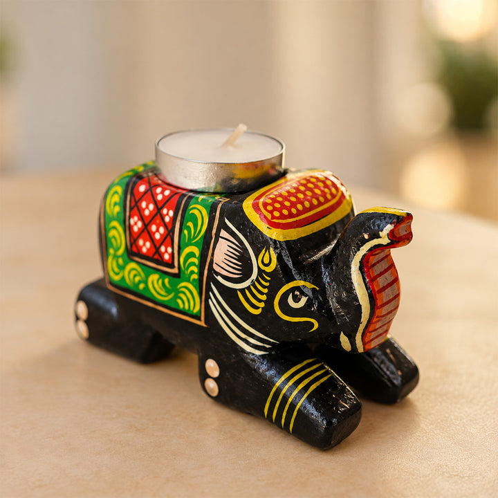 Handmade Black Elephant 3D Special Wooden Tealight Holder For Festive Golu Decor