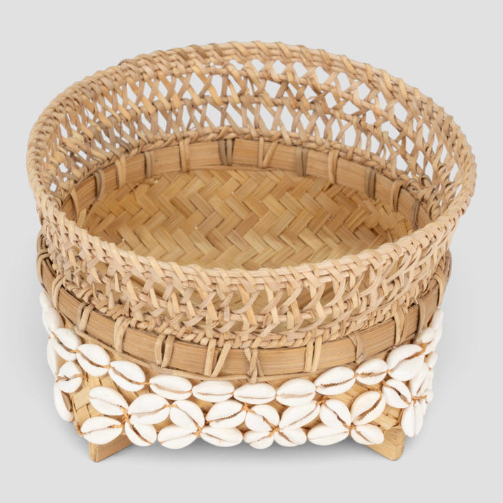 "Kora" Handwoven Shell-Detailed Bamboo Basket For Home Storage & Gifting