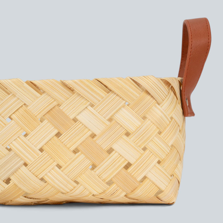Set of 2 | "Avella" Handwoven Bamboo Basket With Rexine Handles For Home Storage & Gifting