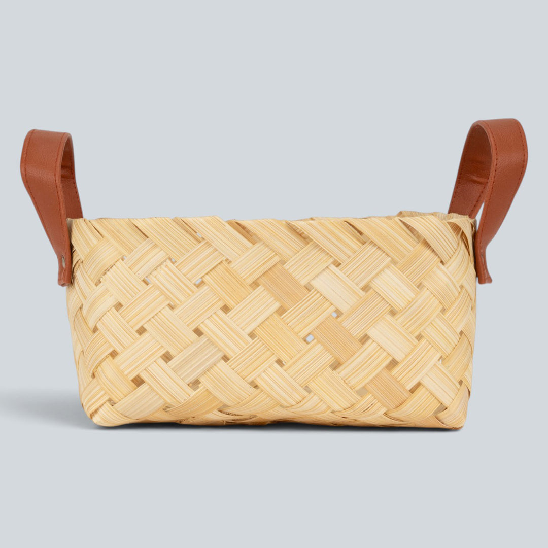Set of 2 | "Avella" Handwoven Bamboo Basket With Rexine Handles For Home Storage & Gifting
