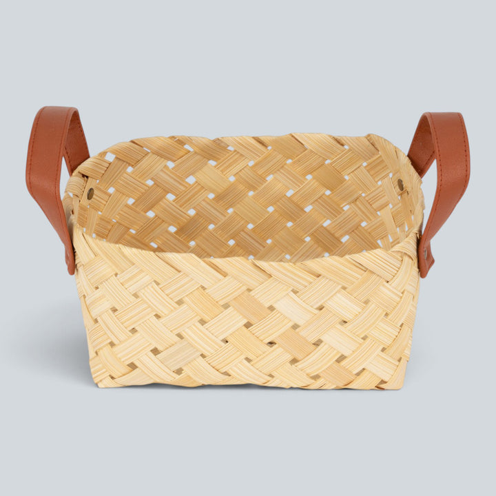 Set of 2 | "Avella" Handwoven Bamboo Basket With Rexine Handles For Home Storage & Gifting