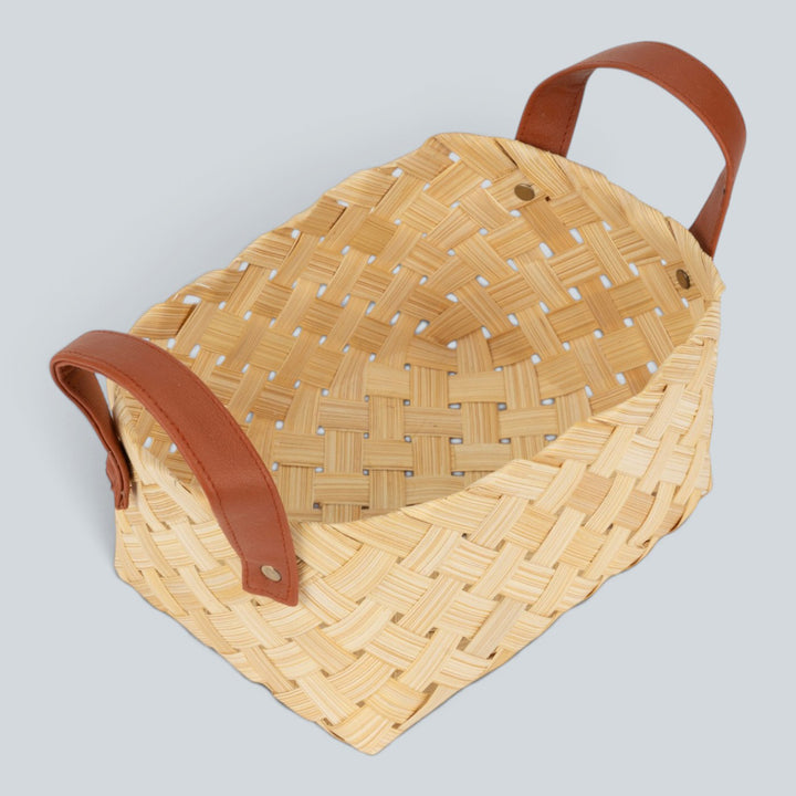Set of 2 | "Avella" Handwoven Bamboo Basket With Rexine Handles For Home Storage & Gifting