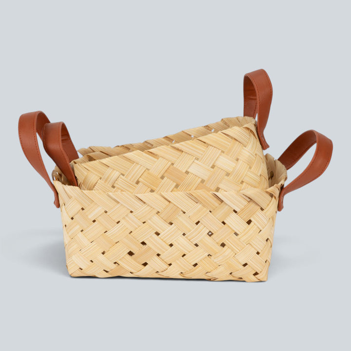 Set of 2 | "Avella" Handwoven Bamboo Basket With Rexine Handles For Home Storage & Gifting