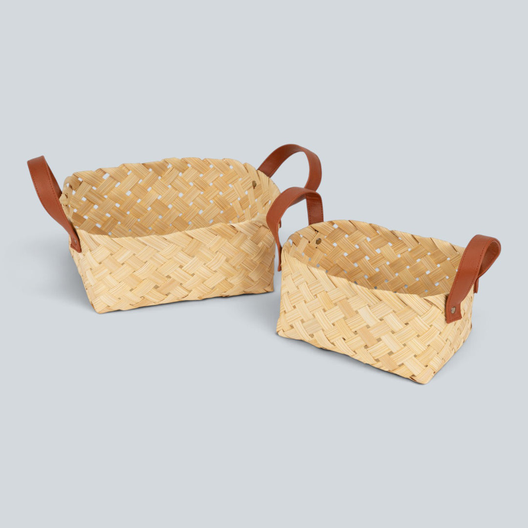 Set of 2 | "Avella" Handwoven Bamboo Basket With Rexine Handles For Home Storage & Gifting