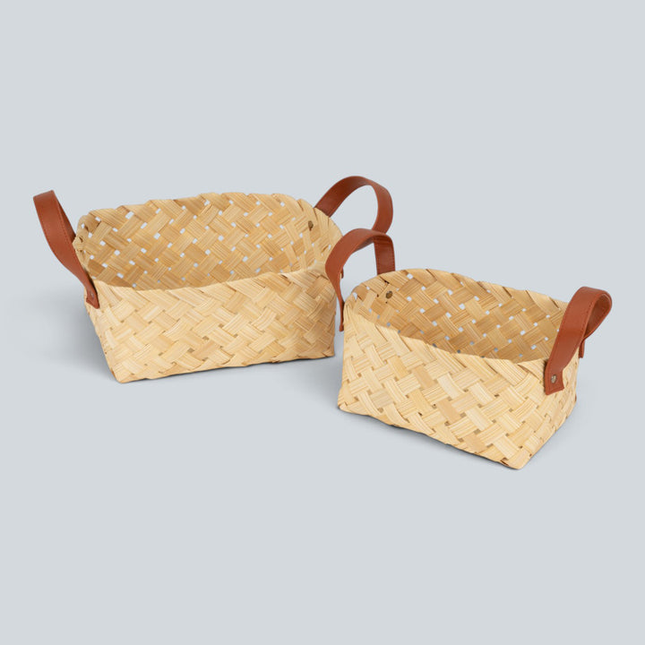Set of 2 | "Avella" Handwoven Bamboo Basket With Rexine Handles For Home Storage & Gifting
