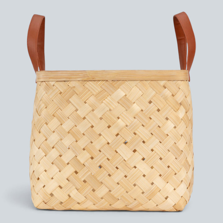 Set of 2 | "Eira" Handwoven Bamboo Basket With Rexine Handles For Home Storage & Gifting