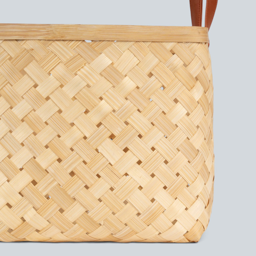 Set of 2 | "Eira" Handwoven Bamboo Basket With Rexine Handles For Home Storage & Gifting