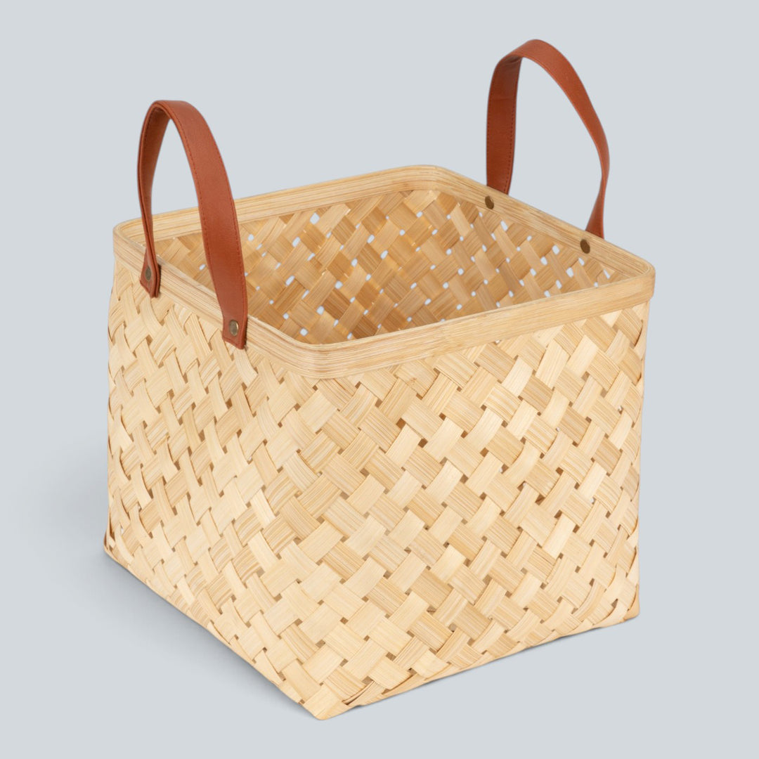 Set of 2 | "Eira" Handwoven Bamboo Basket With Rexine Handles For Home Storage & Gifting