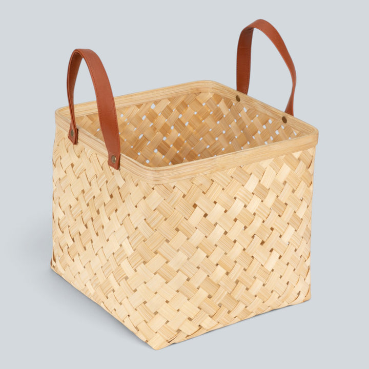 Set of 2 | "Eira" Handwoven Bamboo Basket With Rexine Handles For Home Storage & Gifting