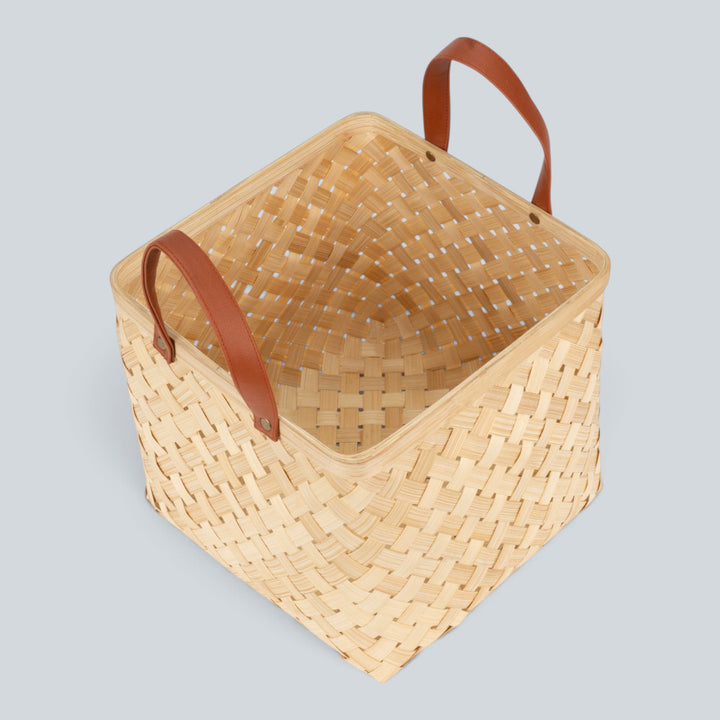 Set of 2 | "Eira" Handwoven Bamboo Basket With Rexine Handles For Home Storage & Gifting