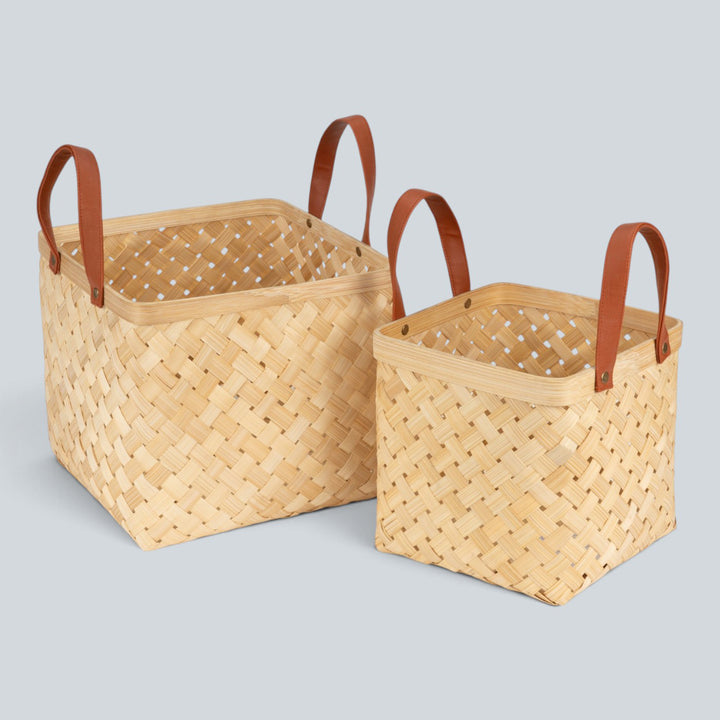 Set of 2 | "Eira" Handwoven Bamboo Basket With Rexine Handles For Home Storage & Gifting