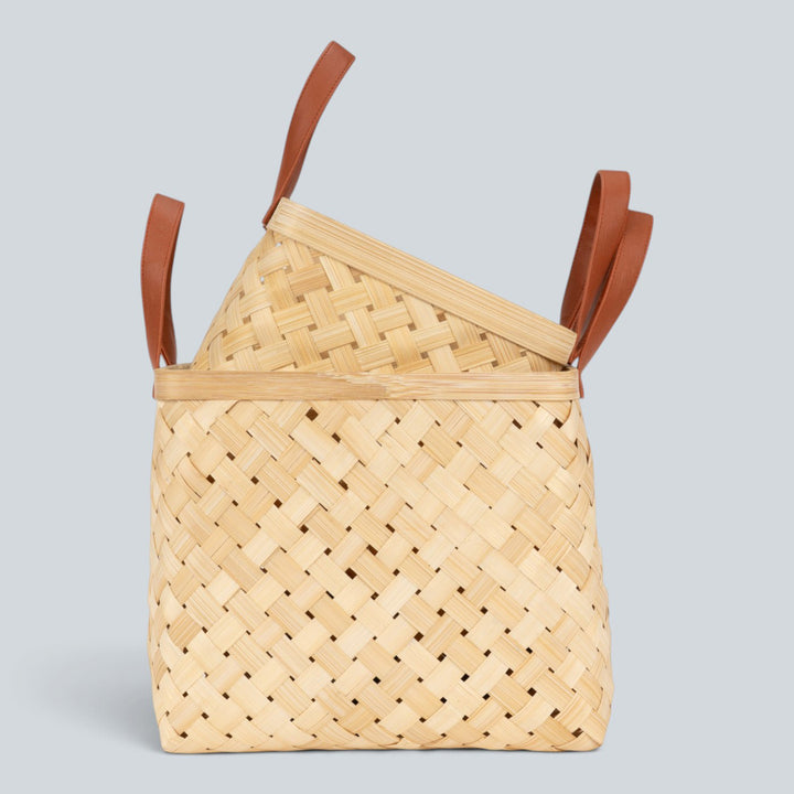Set of 2 | "Eira" Handwoven Bamboo Basket With Rexine Handles For Home Storage & Gifting