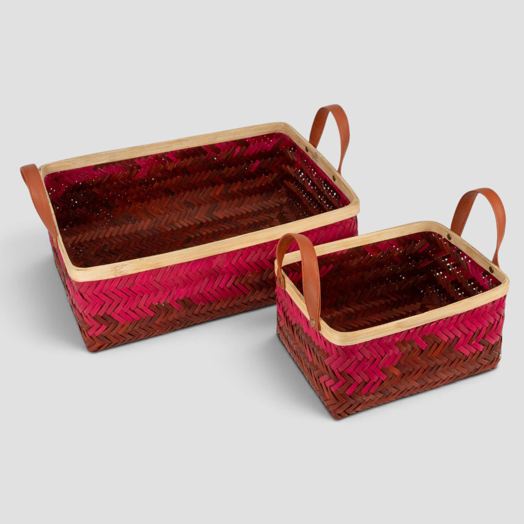 Set of 2 | "Blush" Handwoven Bamboo Tray With Handles For Home Storage & Gifting