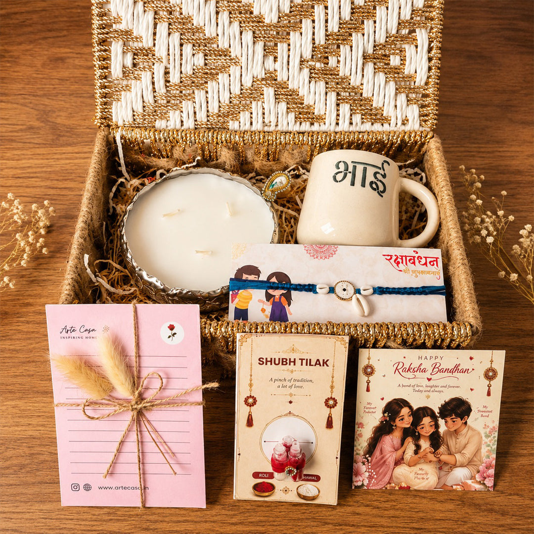 "Forever Bhai Celebration" Mug Ceramic Rakhi Hamper With Urli Candle & Metal Basket For Brother