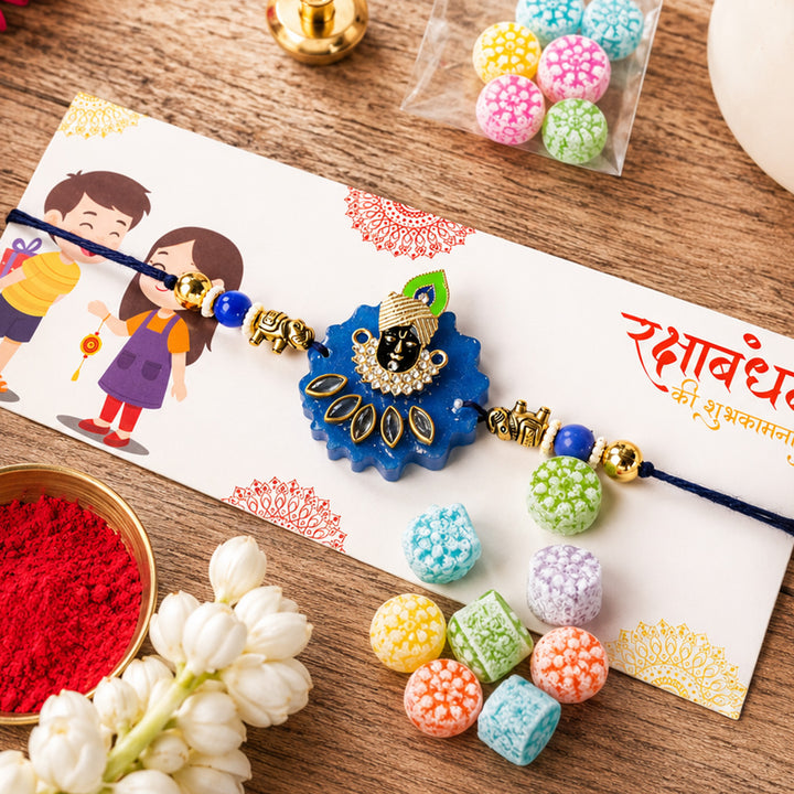 Krishna Rakhi Ceramic Mug Hamper With Bhai Mug & Roli Chawal For Brother