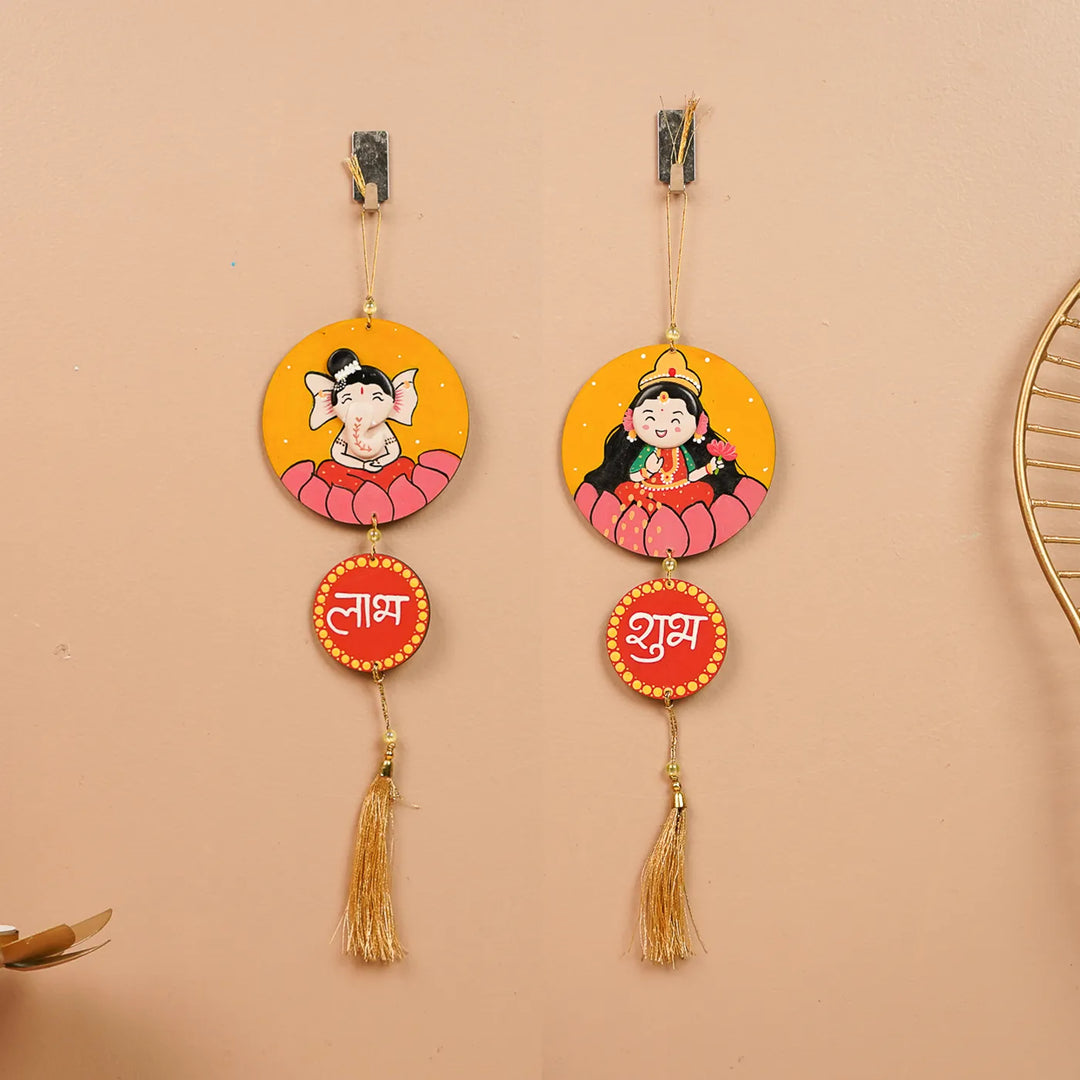 Hand-Painted Pebble Art Lakshmi & Ganapati MDF Wood Shubh Labh Hangings | Set Of 2