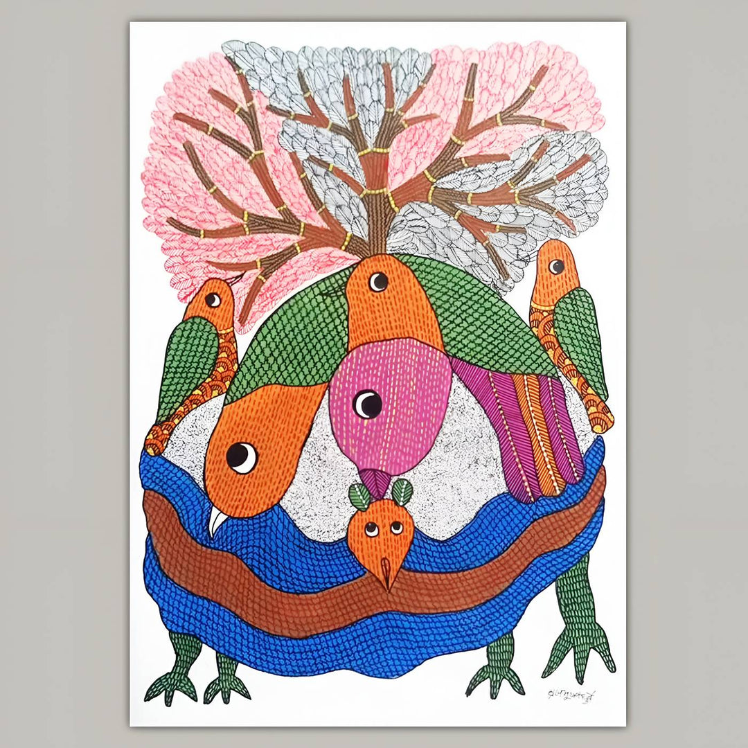 11 x 16 Inch | Bird with Tree of Life | Original Hand Painted Tribal Gond Art Painting | Acrylic Paint On Paper