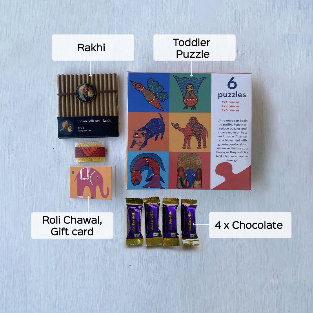 Handcrafted Folk Art Rakhi Hamper For Toddlers With Rice, Roli, Haldi