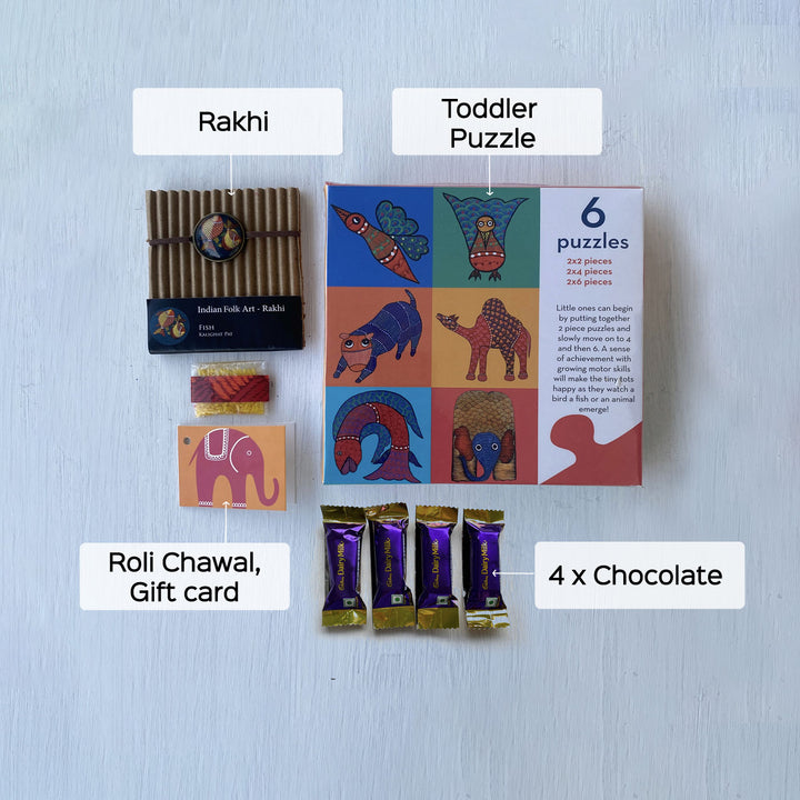 Handcrafted Folk Art Rakhi Hamper For Toddlers With Rice, Roli, Haldi