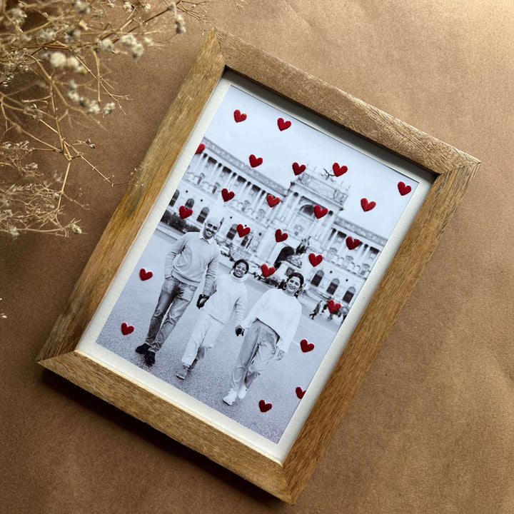 Hearts Design Hand Embroidered Photo With Wooden Frame