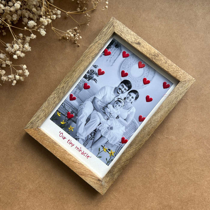 Hearts Design Hand Embroidered Photo With Wooden Frame