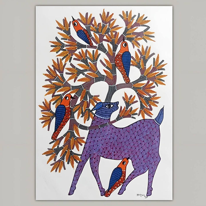 11 x 16 Inch | Wildlife & Birds Under Tree | Original Hand Painted Tribal Gond Art Painting | Acrylic Paint On Paper