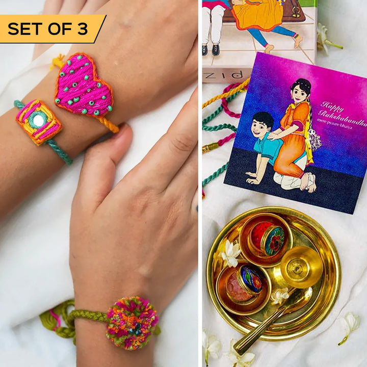 3 pc Rakhi + Brass Thali Set | Premium Candy Pop Embroidered Rakhi Set with Roli Chawal