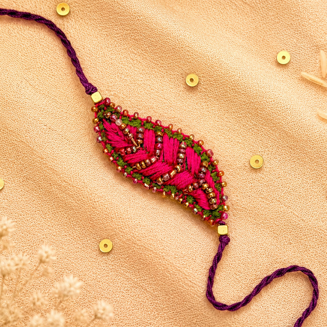 Hand Embroidered Leaf Ornamental Rakhi For Brother