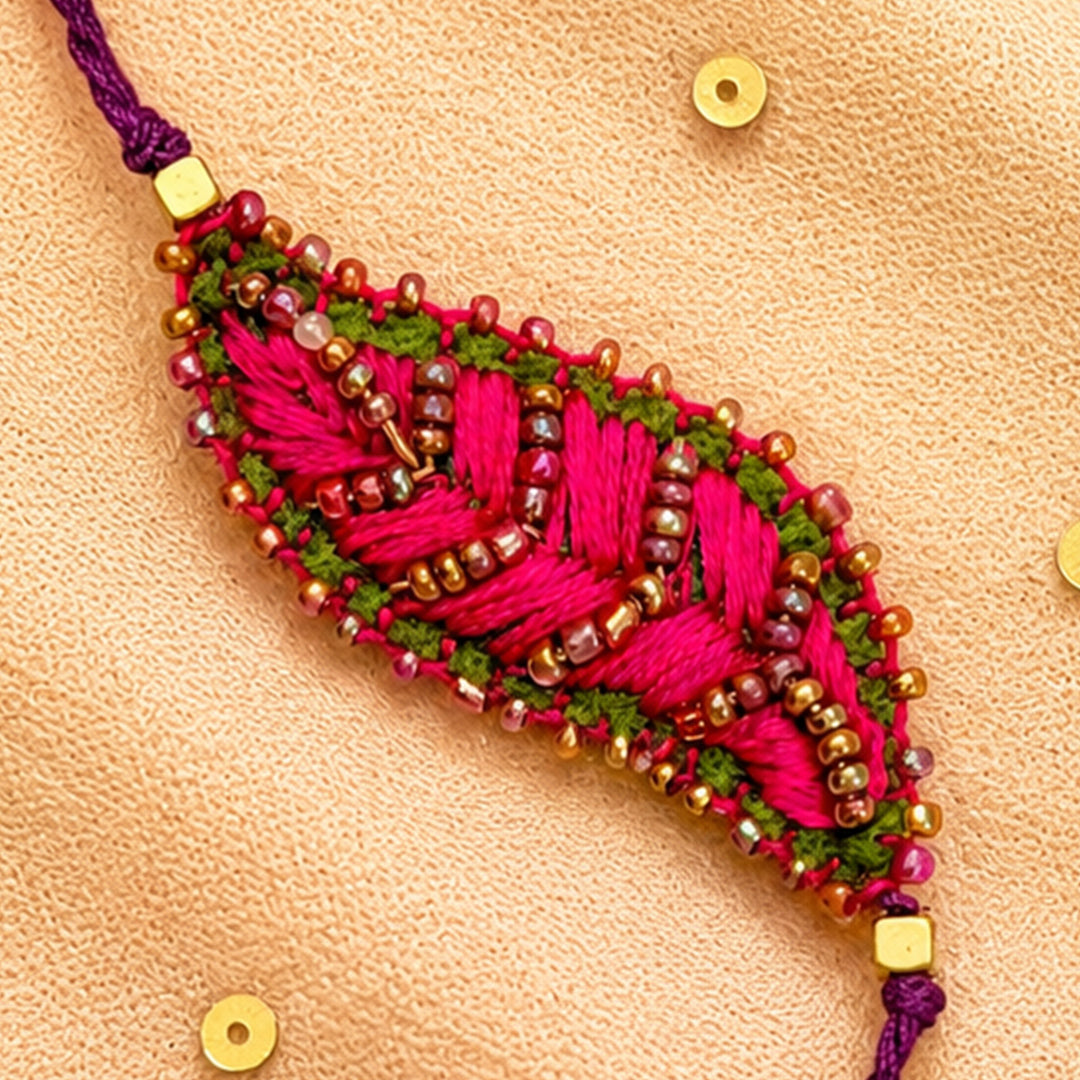 Hand Embroidered Leaf Ornamental Rakhi For Brother