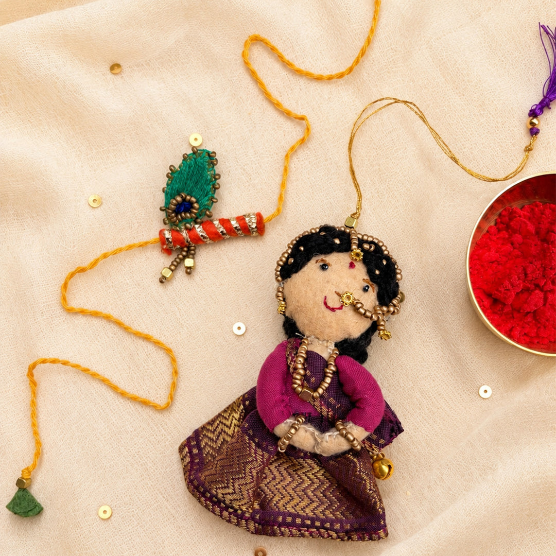 Hand Embroidered Radha Bansuri Rakhi Lumba Set For Bhaiya Bhabhi