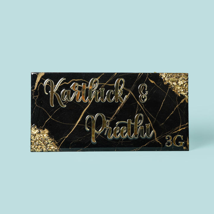 Handmade Resin Black & Gold Rectangle Marbled Name Plate