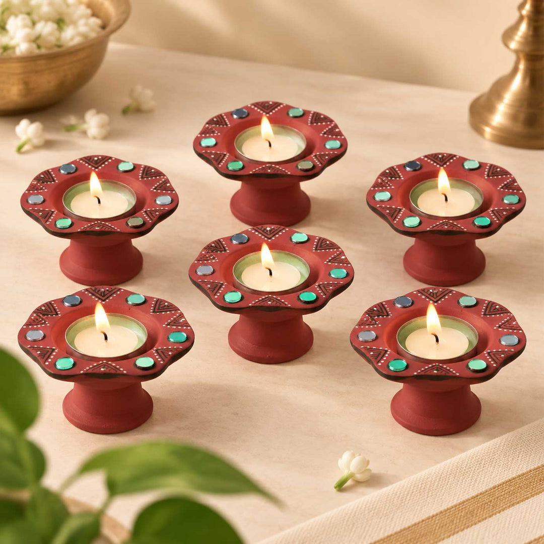 Set of 6 | Red Hand-Painted Flower-Shaped Terracotta Diya Tealight Holders For Festive Decor