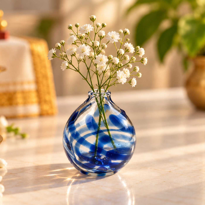 Handmade Blue Marble Swirl Small Glass Art Vase For Home Decor