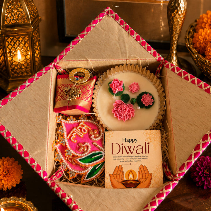 Shubh Labh Pink Celebration Diwali Gift Hamper With Urli Soy Wax Candle And Almond Potli For Festive Gifting