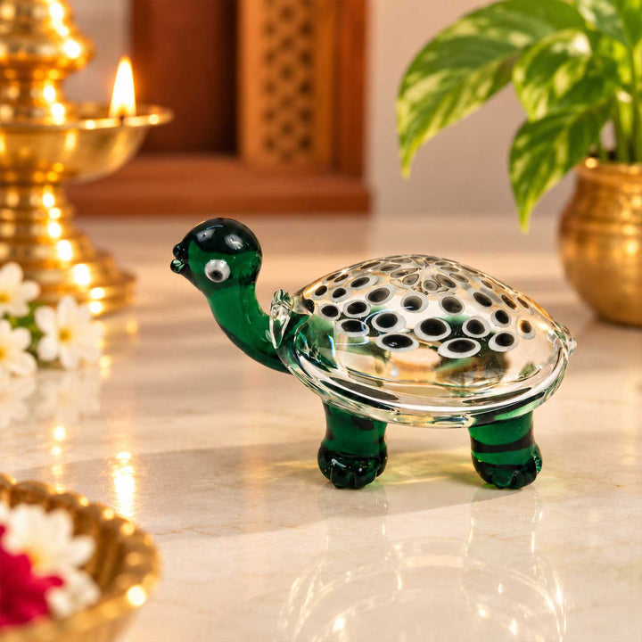 Handmade Blown Glass Green Polka Dot Turtle Miniature Figurine For Decor