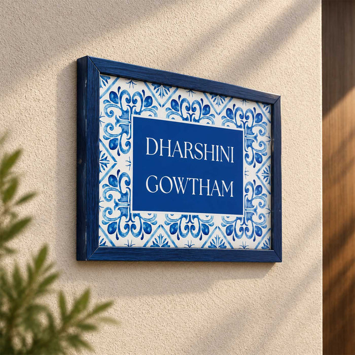 Blue Tile Vintage Personalized Rectangle Resin & Teak Wood Frame Name Plate For Home