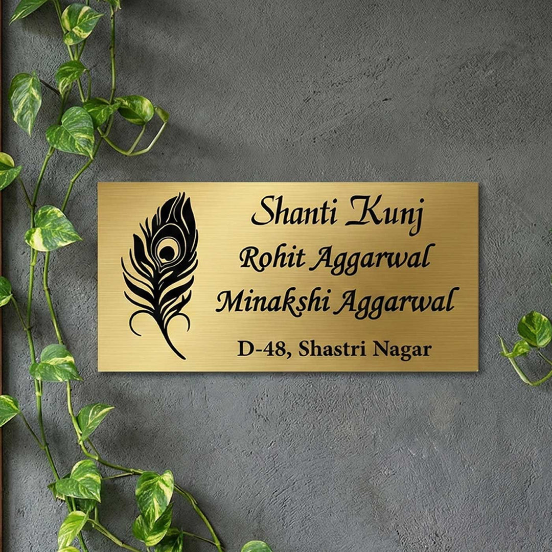 Feather Engraved Personalized Golden Metal Name Plate | Rectangular, Outdoor, Weather Proof