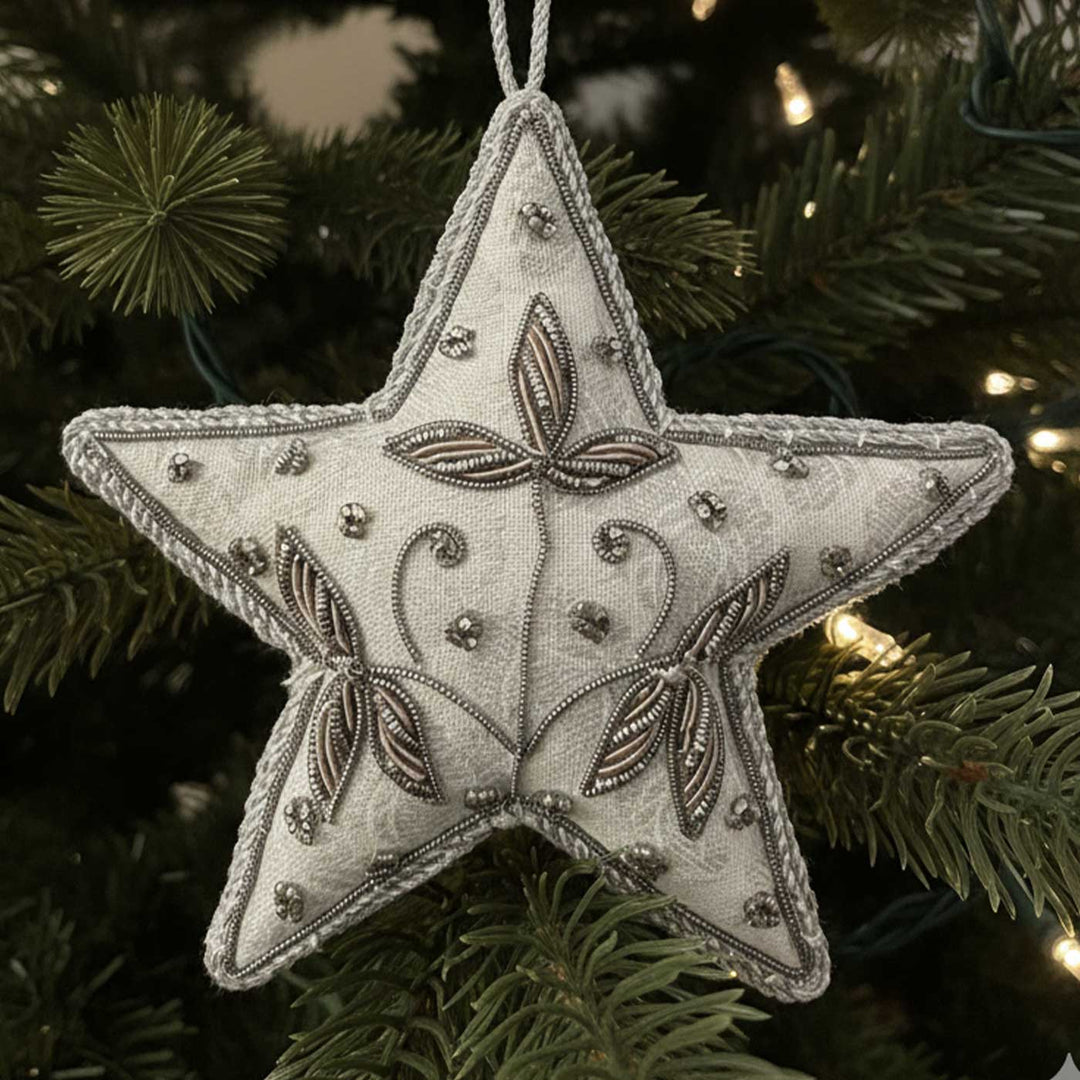 Silver Flower Star Cotton Premium Zardozi Ornament