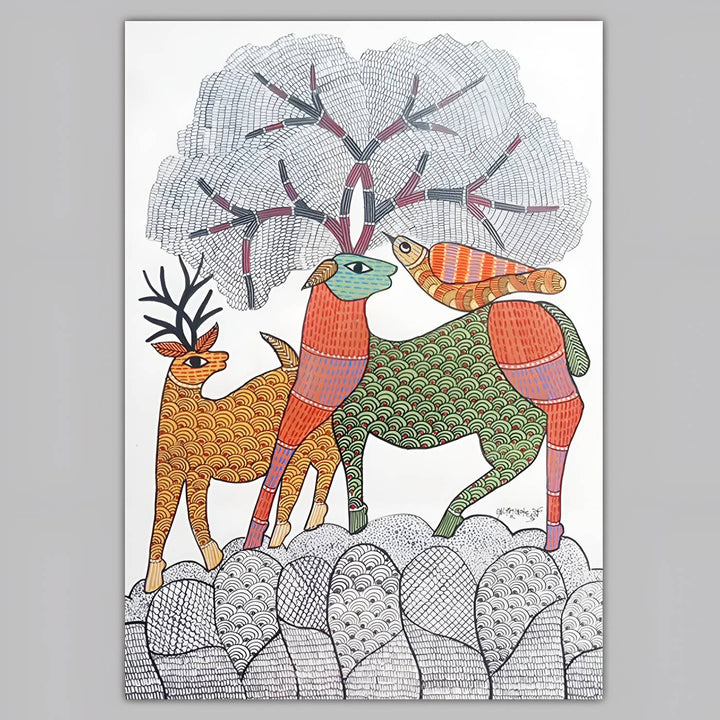11 x 16 Inch | Wildlife & Nature | Original Hand Painted Tribal Gond Art Painting | Acrylic Paint On Paper