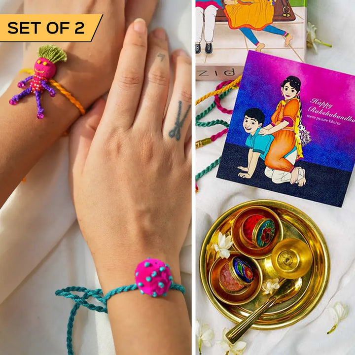 2 pc Rakhi + Brass Thali Set | Premium Guddu & Laddoo Beaded Rakhi Set with Roli Chawal
