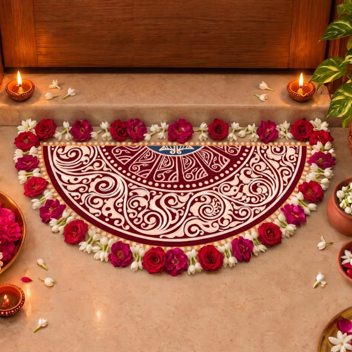 24 Inch | Reusable Handmade Madhobi Semicircle Fabric Rangoli Mat for Festive Entrance Decor