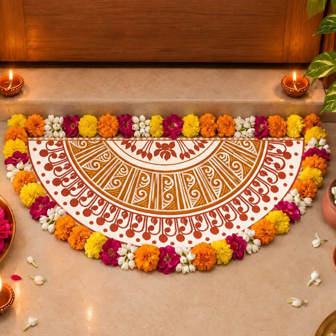 24 Inch | Reusable Handmade Radhachura Semicircle Fabric Rangoli Mat for Festive Entrance Decor