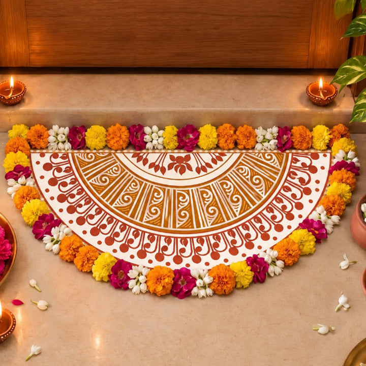 24 Inch | Reusable Handmade Radhachura Semicircle Fabric Rangoli Mat for Festive Entrance Decor