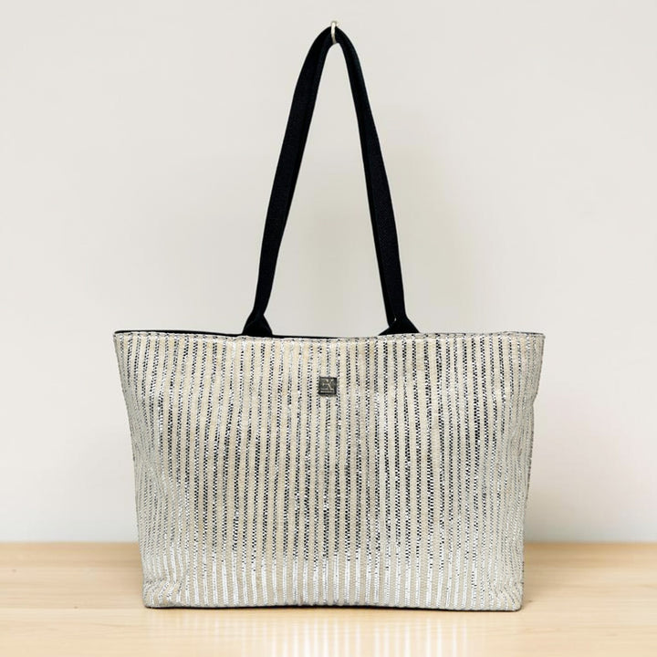 Handcrafted White and Silver Striped Upcycled Plastic 16" Office Tote Bag