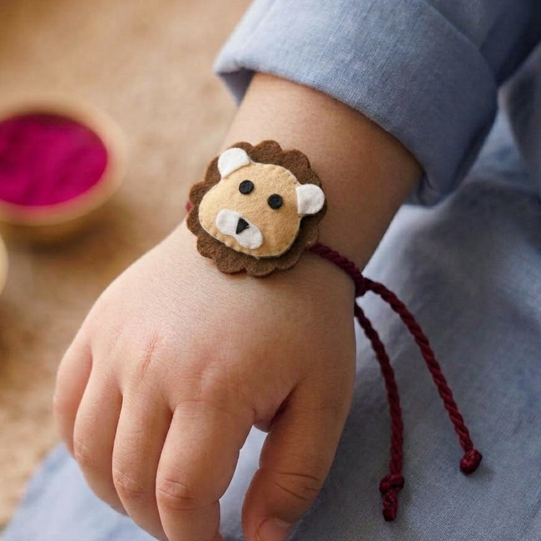 Handmade Lion Felt Kids Rakhi With Roli Chawal