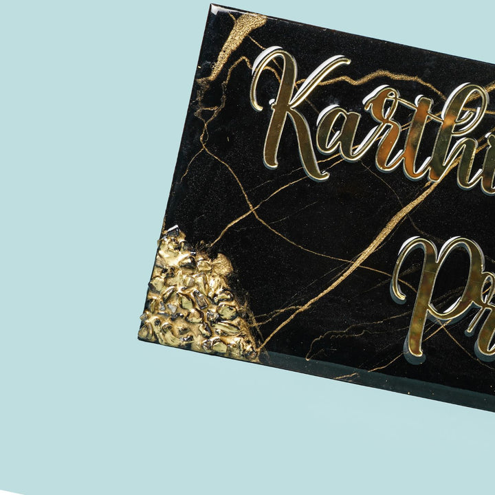 Handmade Resin Black & Gold Rectangle Marbled Name Plate
