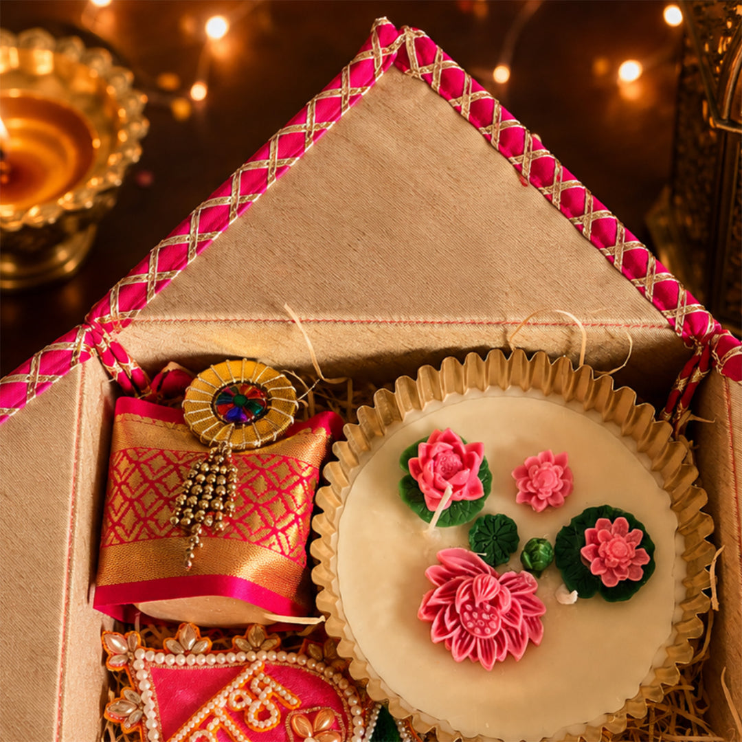 Shubh Labh Pink Celebration Diwali Gift Hamper With Urli Soy Wax Candle And Almond Potli For Festive Gifting